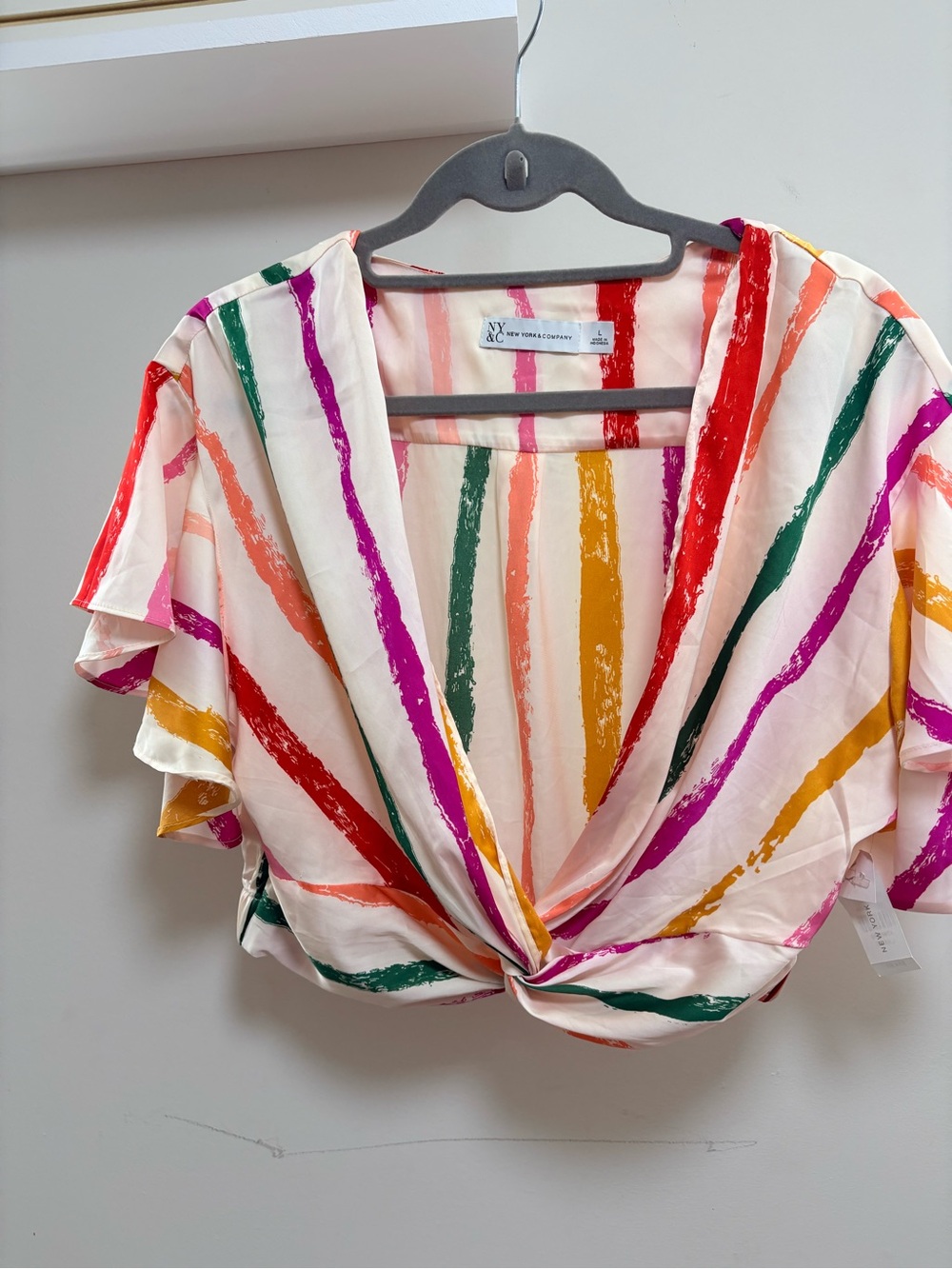 New York & Company Multicolor Striped Twist-Front Crop Top